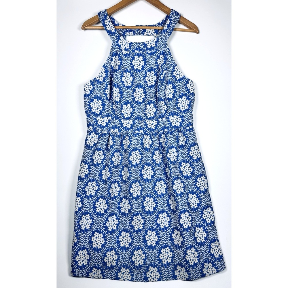 Tori Richard Halter Fit Flare Dress 10 Blue Floral Textured Feminine Resortwear